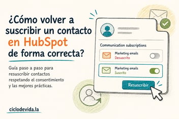 Ilustración editorial que representa el proceso para volver a suscribir un contacto en HubSpot, mostrando el panel de suscripciones de correo con el cambio de un estado desuscrito a suscrito mediante la opción de resuscripción, enfatizando la gestión del consentimiento y las buenas prácticas de comunicación.