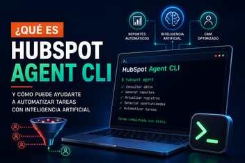 Ilustración de HubSpot Agent CLI mostrando un agente de inteligencia artificial automatizando tareas del CRM, generando reportes y optimizando procesos comerciales desde una interfaz de línea de comandos.