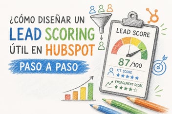 Ilustración sobre cómo diseñar un Lead Scoring útil en HubSpot con una tarjeta de puntuación, embudo, gráfico y criterios de Fit Score y 