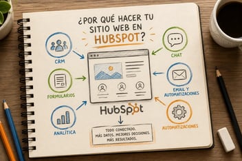Ilustración editorial de un sitio web conectado de forma nativa con HubSpot CRM, formularios, analítica, automatizaciones y chat, representando las ventajas de construir un sitio web en HubSpot.