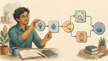 Persona construyendo un flujo visual con nodos conectados para crear un agente personalizado de inteligencia artificial.