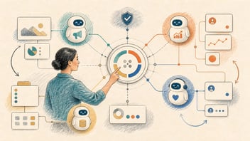 Persona administrando agentes de inteligencia artificial conectados con marketing, ventas, servicio y datos desde un centro de control.
