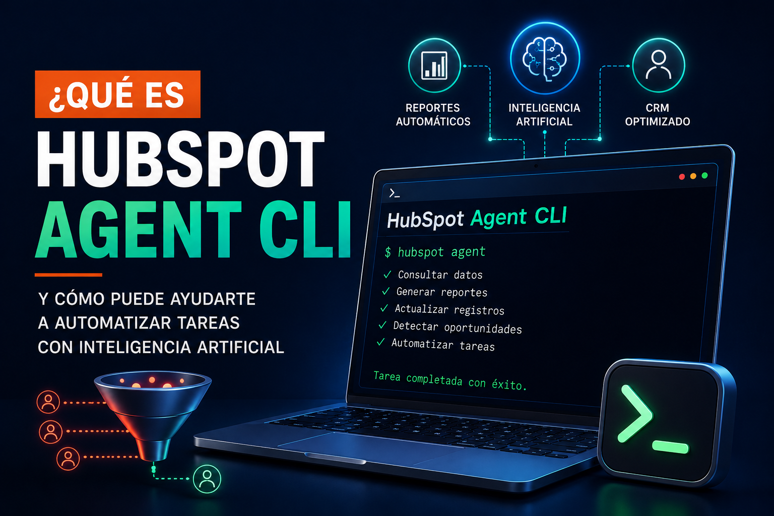 Ilustración de HubSpot Agent CLI mostrando un agente de inteligencia artificial automatizando tareas del CRM, generando reportes y optimizando procesos comerciales desde una interfaz de línea de comandos.