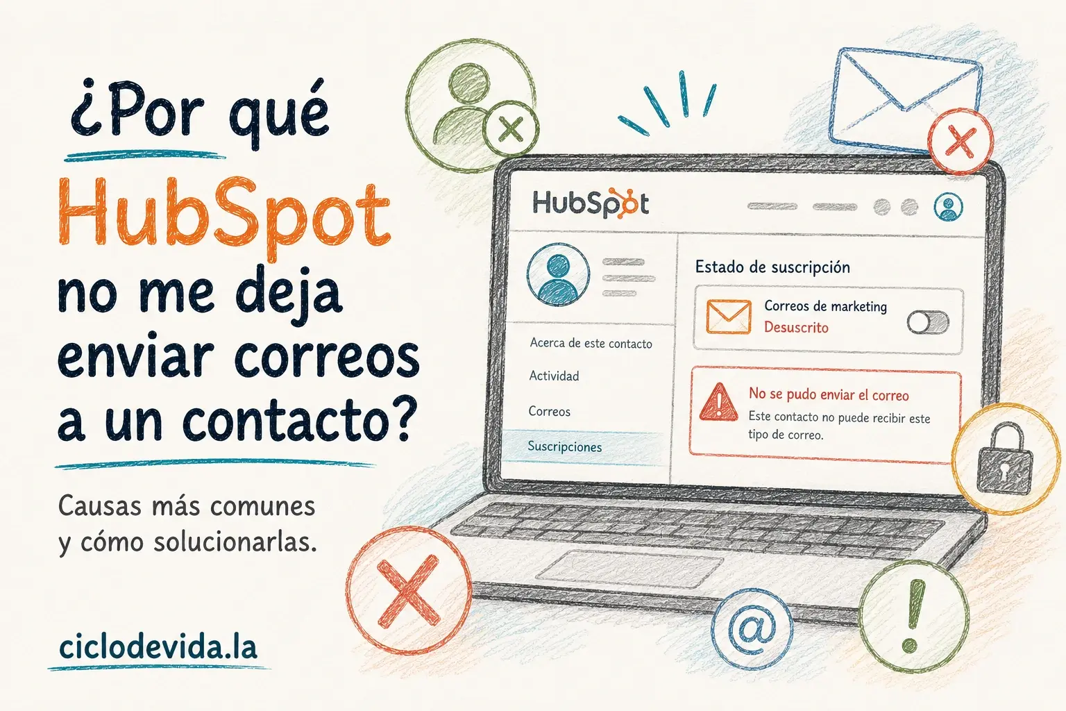 Ilustración editorial que representa un bloqueo en el envío de correos desde HubSpot, mostrando el estado de suscripción de un contacto, un mensaje de error de envío y elementos visuales relacionados con consentimiento, entregabilidad y gestión de comunicaciones para explicar las causas más comunes y sus posibles soluciones.