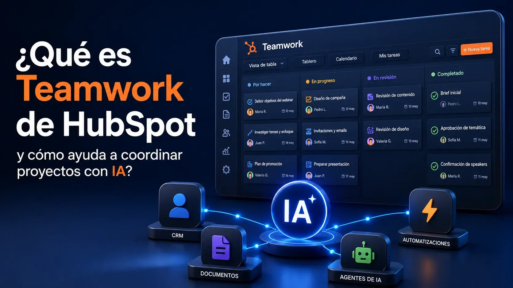 Ilustración 3D de Teamwork de HubSpot mostrando un tablero de gestión de proyectos conectado con inteligencia artificial, CRM, documentos, agentes y automatizaciones para coordinar el trabajo colaborativo desde una sola plataforma.