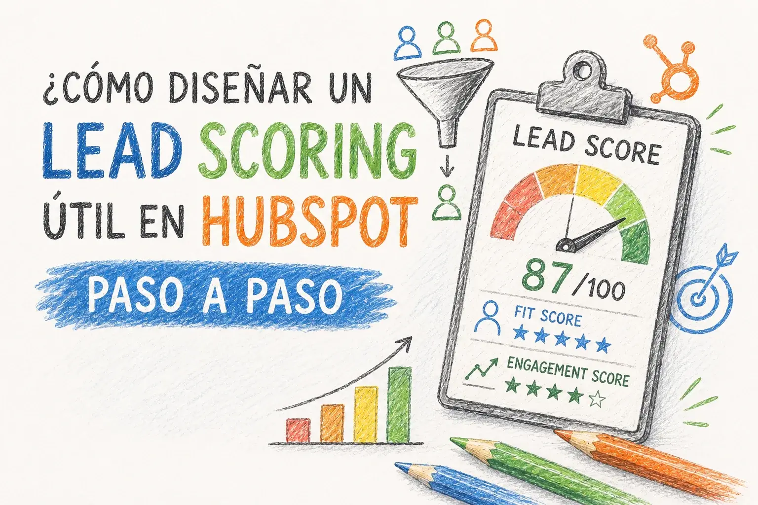 Ilustración sobre cómo diseñar un Lead Scoring útil en HubSpot con una tarjeta de puntuación, embudo, gráfico y criterios de Fit Score y 