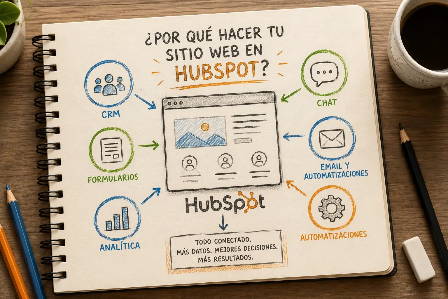 Ilustración editorial de un sitio web conectado de forma nativa con HubSpot CRM, formularios, analítica, automatizaciones y chat, representando las ventajas de construir un sitio web en HubSpot.