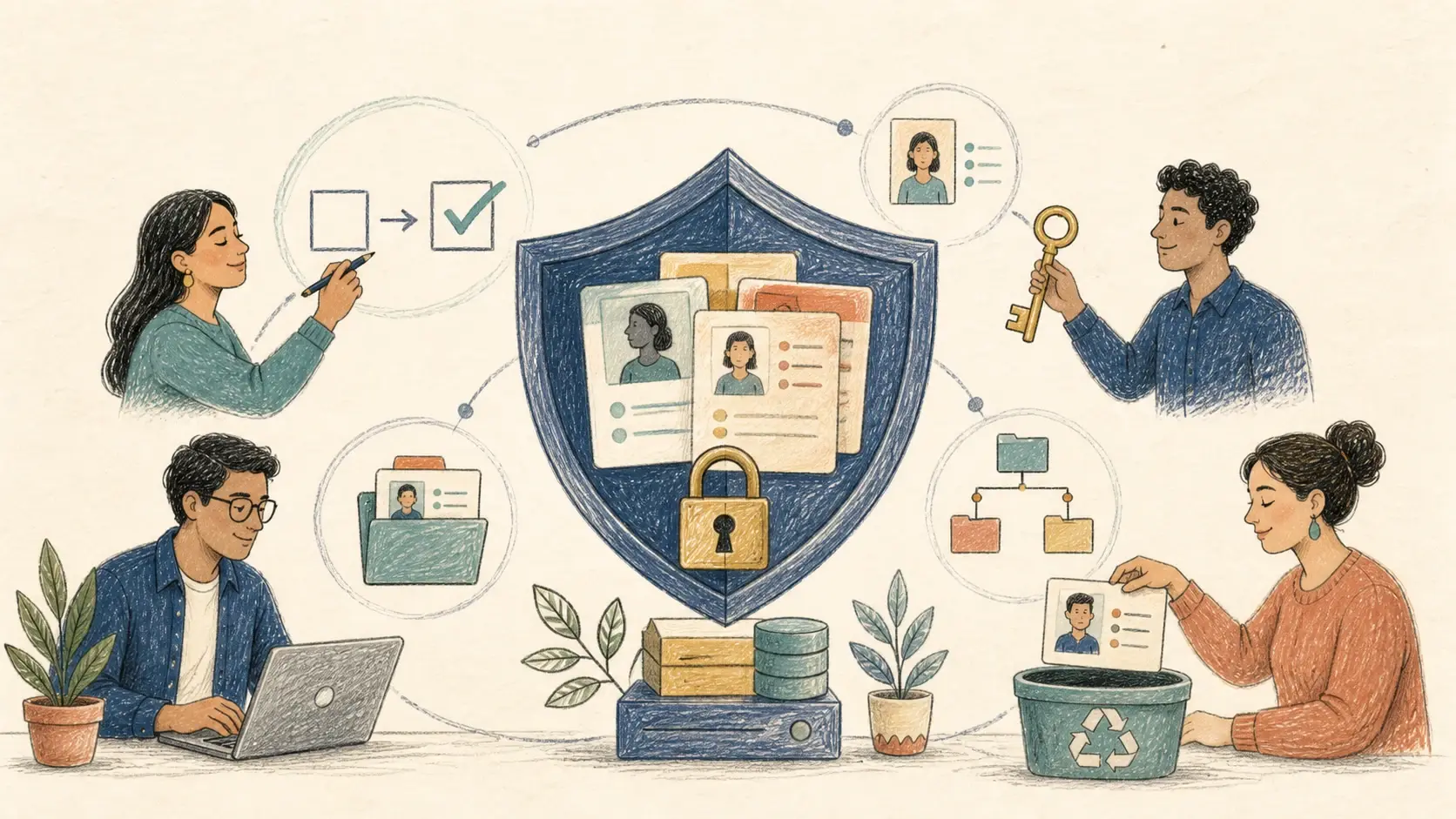 Equipo gestiona consentimientos, accesos y eliminación de datos personales protegidos por un escudo dentro de un CRM.
